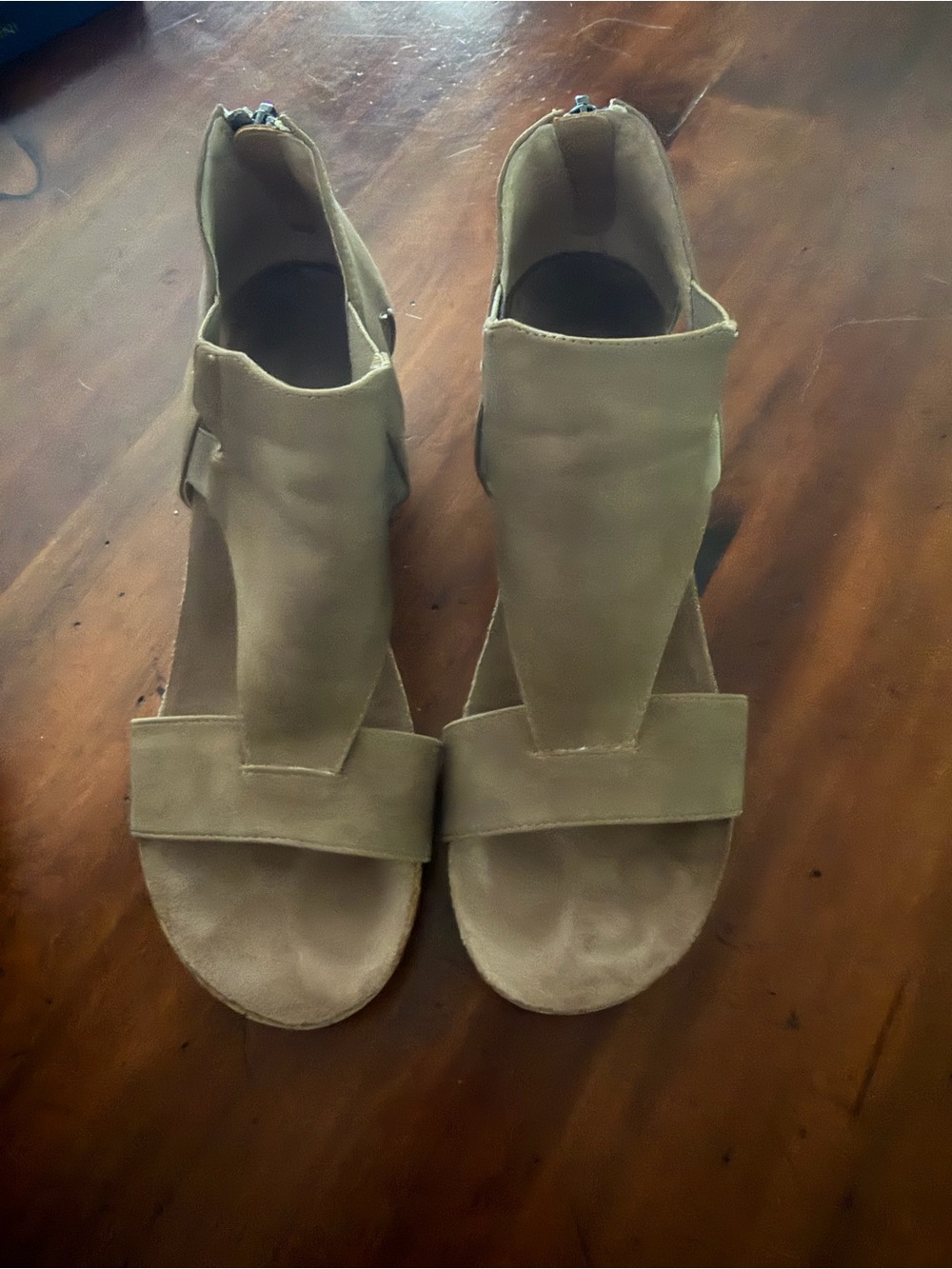 Adrienne Vittadini Suede Open-Toe Sandals in Taupe